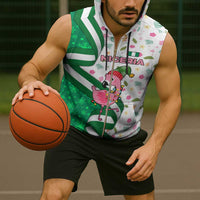 Nigeria Christmas Sleeveless Zip Hoodie with Pink Flamingo Tropical Leaves and Festive Lights Design - Wonder Print Shop