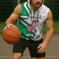 Nigeria Christmas Sleeveless Zip Hoodie with Pink Flamingo Tropical Leaves and Festive Lights Design - Wonder Print Shop