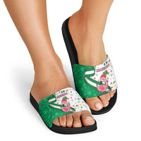 Nigeria Christmas Slide Sandals with Pink Flamingo Tropical Leaves and Festive Lights Design - Wonder Print Shop