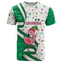 Nigeria Christmas T Shirt with Pink Flamingo Tropical Leaves and Festive Lights Design - Wonder Print Shop