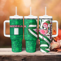 Nigeria Christmas Tumbler With Handle with Pink Flamingo Tropical Leaves and Festive Lights Design - Wonder Print Shop