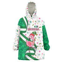 Nigeria Christmas Wearable Blanket Hoodie with Pink Flamingo Tropical Leaves and Festive Lights Design - Wonder Print Shop