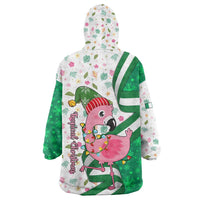 Nigeria Christmas Wearable Blanket Hoodie with Pink Flamingo Tropical Leaves and Festive Lights Design - Wonder Print Shop