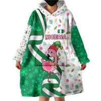 Nigeria Christmas Wearable Blanket Hoodie with Pink Flamingo Tropical Leaves and Festive Lights Design - Wonder Print Shop