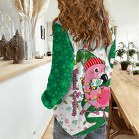 Nigeria Christmas Women Casual Shirt with Pink Flamingo Tropical Leaves and Festive Lights Design - Wonder Print Shop