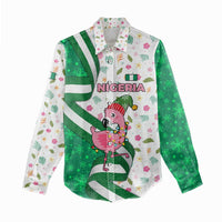 Nigeria Christmas Women Casual Shirt with Pink Flamingo Tropical Leaves and Festive Lights Design - Wonder Print Shop