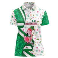 Nigeria Christmas Women Polo Shirt with Pink Flamingo Tropical Leaves and Festive Lights Design - Wonder Print Shop