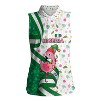 Nigeria Christmas Women Sleeveless Polo Shirt with Pink Flamingo Tropical Leaves and Festive Lights Design - Wonder Print Shop