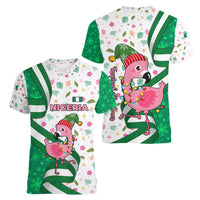Nigeria Christmas Women V-Neck T-Shirt with Pink Flamingo Tropical Leaves and Festive Lights Design - Wonder Print Shop