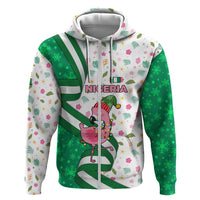 Nigeria Christmas Zip Hoodie with Pink Flamingo Tropical Leaves and Festive Lights Design - Wonder Print Shop