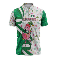 Nigeria Christmas Zipper Polo Shirt with Pink Flamingo Tropical Leaves and Festive Lights Design - Wonder Print Shop