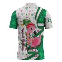 Nigeria Christmas Zipper Polo Shirt with Pink Flamingo Tropical Leaves and Festive Lights Design - Wonder Print Shop