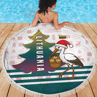Lithuania Christmas Beach Blanket with Stork Basket Snowflakes and Traditional Pattern Design - Wonder Print Shop