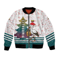 Lithuania Christmas Bomber Jacket with Stork Basket Snowflakes and Traditional Pattern Design - Wonder Print Shop