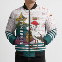 Lithuania Christmas Bomber Puffer Jacket with Stork Basket Snowflakes and Traditional Pattern Design - Wonder Print Shop