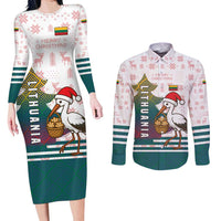 Lithuania Christmas Couples Matching Long Sleeve Bodycon Dress and Long Sleeve Button Shirt with Stork Basket Snowflakes and Traditional Pattern Design - Wonder Print Shop