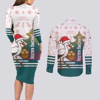 Lithuania Christmas Couples Matching Long Sleeve Bodycon Dress and Long Sleeve Button Shirt with Stork Basket Snowflakes and Traditional Pattern Design - Wonder Print Shop