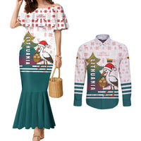 Lithuania Christmas Couples Matching Mermaid Dress and Long Sleeve Button Shirt with Stork Basket Snowflakes and Traditional Pattern Design - Wonder Print Shop