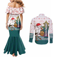 Lithuania Christmas Couples Matching Mermaid Dress and Long Sleeve Button Shirt with Stork Basket Snowflakes and Traditional Pattern Design - Wonder Print Shop