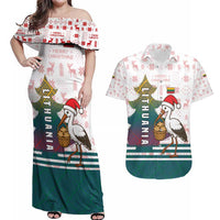 Lithuania Christmas Couples Matching Off Shoulder Maxi Dress and Hawaiian Shirt with Stork Basket Snowflakes and Traditional Pattern Design - Wonder Print Shop