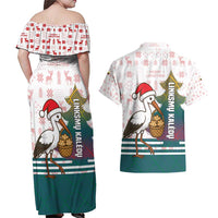Lithuania Christmas Couples Matching Off Shoulder Maxi Dress and Hawaiian Shirt with Stork Basket Snowflakes and Traditional Pattern Design - Wonder Print Shop
