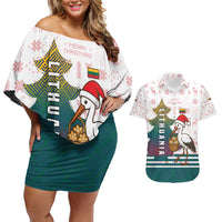 Lithuania Christmas Couples Matching Off Shoulder Short Dress and Hawaiian Shirt with Stork Basket Snowflakes and Traditional Pattern Design - Wonder Print Shop