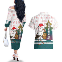 Lithuania Christmas Couples Matching Off The Shoulder Long Sleeve Dress and Hawaiian Shirt with Stork Basket Snowflakes and Traditional Pattern Design - Wonder Print Shop