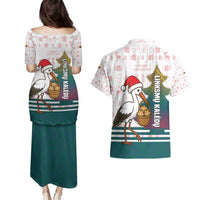 Lithuania Christmas Couples Matching Puletasi and Hawaiian Shirt with Stork Basket Snowflakes and Traditional Pattern Design - Wonder Print Shop