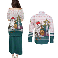Lithuania Christmas Couples Matching Puletasi and Long Sleeve Button Shirt with Stork Basket Snowflakes and Traditional Pattern Design - Wonder Print Shop