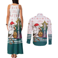 Lithuania Christmas Couples Matching Tank Maxi Dress and Long Sleeve Button Shirt with Stork Basket Snowflakes and Traditional Pattern Design - Wonder Print Shop