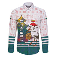 Lithuania Christmas Family Matching Off The Shoulder Long Sleeve Dress and Hawaiian Shirt with Stork Basket Snowflakes and Traditional Pattern Design - Wonder Print Shop