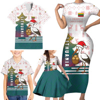 Lithuania Christmas Family Matching Short Sleeve Bodycon Dress and Hawaiian Shirt with Stork Basket Snowflakes and Traditional Pattern Design - Wonder Print Shop