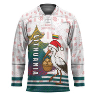 Lithuania Christmas Hockey Jersey with Stork Basket Snowflakes and Traditional Pattern Design - Wonder Print Shop