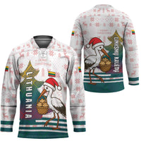Lithuania Christmas Hockey Jersey with Stork Basket Snowflakes and Traditional Pattern Design - Wonder Print Shop