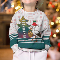 Lithuania Christmas Kid Ugly Christmas Sweater with Stork Basket Snowflakes and Traditional Pattern Design - Wonder Print Shop