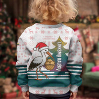 Lithuania Christmas Kid Ugly Christmas Sweater with Stork Basket Snowflakes and Traditional Pattern Design - Wonder Print Shop