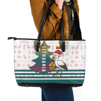 Lithuania Christmas Leather Tote Bag with Stork Basket Snowflakes and Traditional Pattern Design - Wonder Print Shop