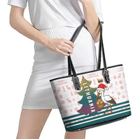 Lithuania Christmas Leather Tote Bag with Stork Basket Snowflakes and Traditional Pattern Design - Wonder Print Shop