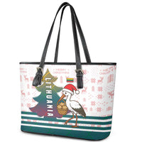Lithuania Christmas Leather Tote Bag with Stork Basket Snowflakes and Traditional Pattern Design - Wonder Print Shop