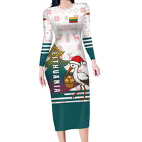 Lithuania Christmas Long Sleeve Bodycon Dress with Stork Basket Snowflakes and Traditional Pattern Design - Wonder Print Shop