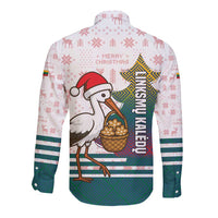 Lithuania Christmas Long Sleeve Button Shirt with Stork Basket Snowflakes and Traditional Pattern Design - Wonder Print Shop