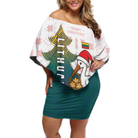 Lithuania Christmas Off Shoulder Short Dress with Stork Basket Snowflakes and Traditional Pattern Design - Wonder Print Shop