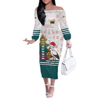 Lithuania Christmas Off The Shoulder Long Sleeve Dress with Stork Basket Snowflakes and Traditional Pattern Design - Wonder Print Shop