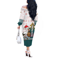Lithuania Christmas Off The Shoulder Long Sleeve Dress with Stork Basket Snowflakes and Traditional Pattern Design - Wonder Print Shop