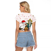 Lithuania Christmas Raglan Cropped T Shirt with Stork Basket Snowflakes and Traditional Pattern Design - Wonder Print Shop