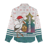 Lithuania Christmas Women Casual Shirt with Stork Basket Snowflakes and Traditional Pattern Design - Wonder Print Shop
