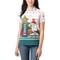 Lithuania Christmas Women Polo Shirt with Stork Basket Snowflakes and Traditional Pattern Design - Wonder Print Shop