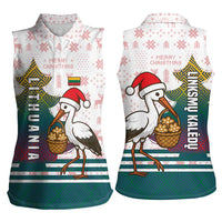 Lithuania Christmas Women Sleeveless Polo Shirt with Stork Basket Snowflakes and Traditional Pattern Design - Wonder Print Shop
