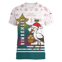 Lithuania Christmas Women V-Neck T-Shirt with Stork Basket Snowflakes and Traditional Pattern Design - Wonder Print Shop