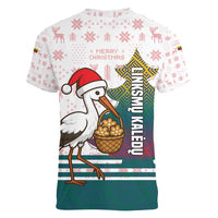 Lithuania Christmas Women V-Neck T-Shirt with Stork Basket Snowflakes and Traditional Pattern Design - Wonder Print Shop